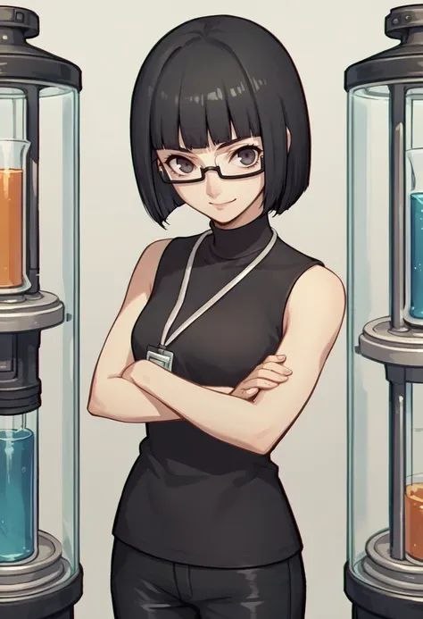 score_9, score_8_up, score_7_up, source_anime, 1girl, looking at viewer, closed mouth, smile, crossed arms, <lora:zs_WakabaXL:1> wakabap5, black hair, bob cut, blunt bangs, glasses, black turtleneck, sleeveless, leather pants, science lab, beaker