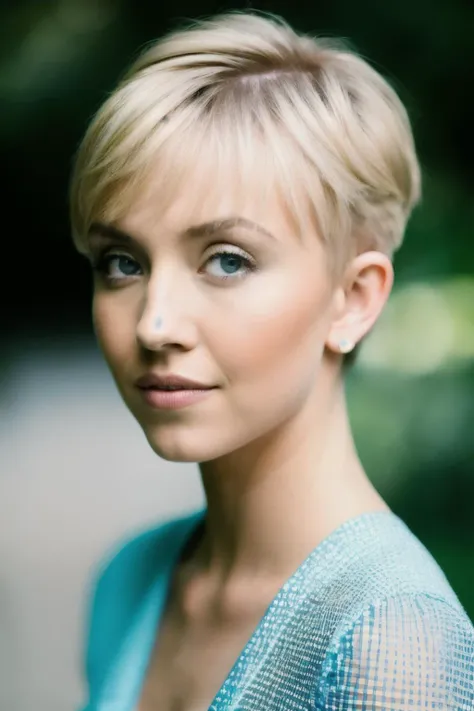 photoshoot of sds, (blonde hair), (pixie cut), , detailed skin texture, (blush:0.2), (goosebumps:0.3), (light blue dress), subsurface scattering, Photorealistic, Hyperrealistic, Hyperdetailed, analog style, hip cocked, demure, detailed skin, matte skin, so...