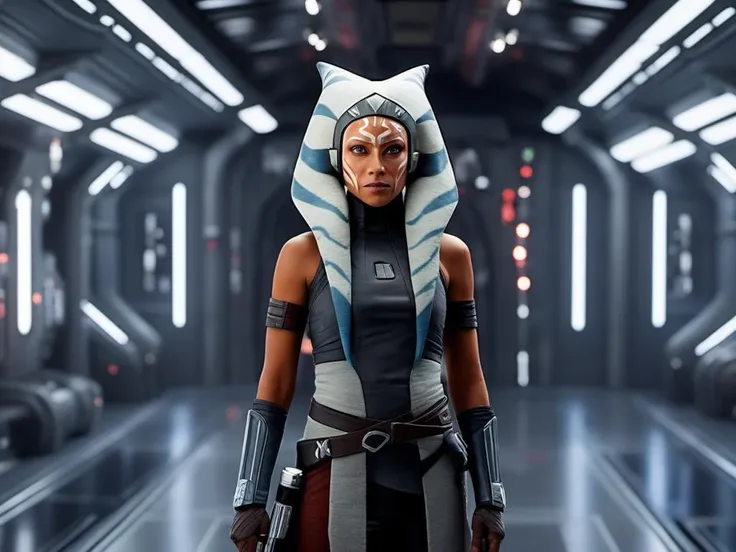 a woman in a star wars outfit stands in a tunnel