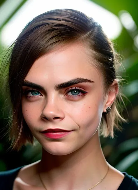 portrait of Cara Delevingne, (smiling:1.2) , wearing t-shirt , with dark red Feathered haircut , background jungle epic (photo, studio lighting, hard light, sony a7, 50 mm, matte skin, pores, colors, hyperdetailed, hyperrealistic), <lyco:Cara Delevingne:1....