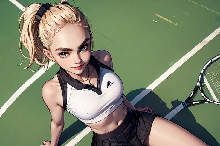 <lora:Cara Delevingne:1> Cara Delevingne, 1girl, from above, tennis court, crop top, skirt, grin, looking at viewer, daylight