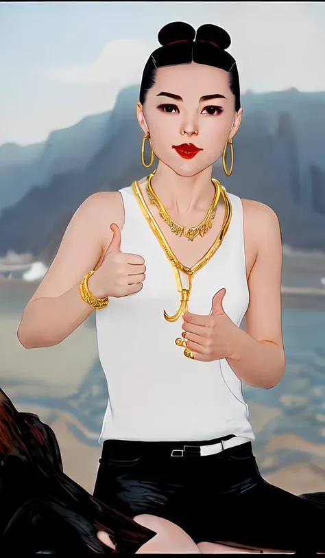 realistic,photo of Nezha,as a girl, <lora:nezha_20230814152031:1>,golden necklace,sunglass,With a cigarette in his mouth,thumb up