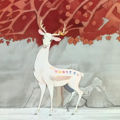 there is a white deer standing in front of a tree