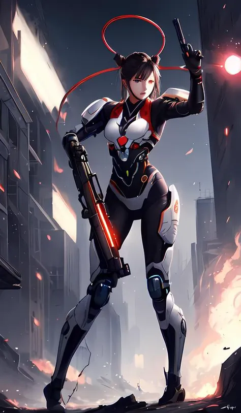 realistic,photo of Nezha,cyborg,wired,bottom,glowing,android,holding a rifle,firing at viewer,