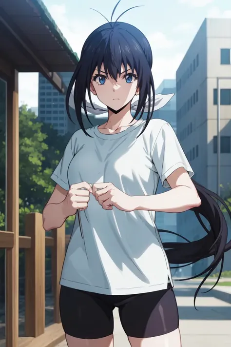 anime girl with long black hair and blue eyes standing in front of a building