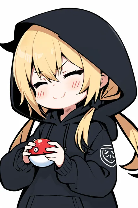 <lora:nagu:1>,chibi,1girl, cosplay, solo, twintails, smile, hood, tail, bangs, blush, smug, >:), sidelocks, poke ball, closed eyes, long hair, poke ball (basic), white background, closed mouth, blush stickers, simple background, blonde hair, upper body, ho...