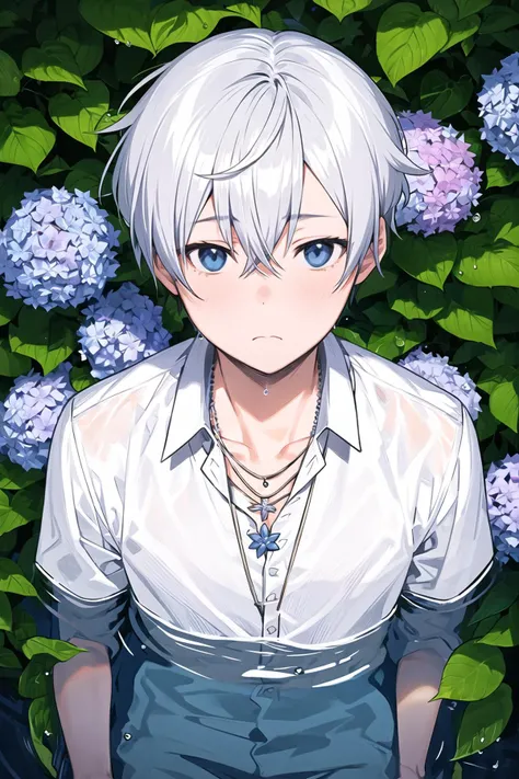 <lora:nagu:1>,1boy, blue eyes, male focus, flower, white hair, solo, hydrangea, looking at viewer, shirt, water drop, white shirt, blue flower, bishounen, reaching towards viewer, short hair, jewelry, hair between eyes, necklace