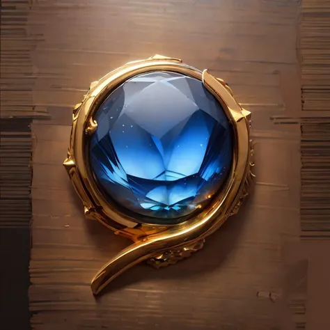 a close up of a blue crystal in a gold frame