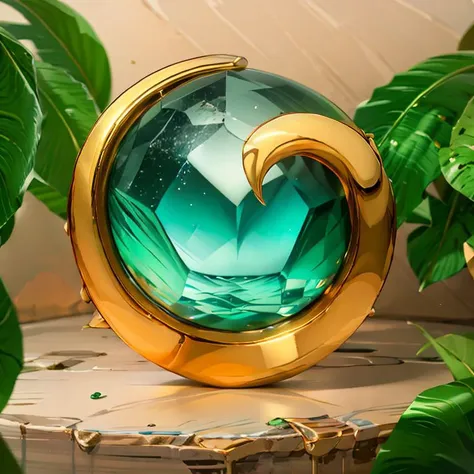 there is a green glass ball sitting on a table with a gold base