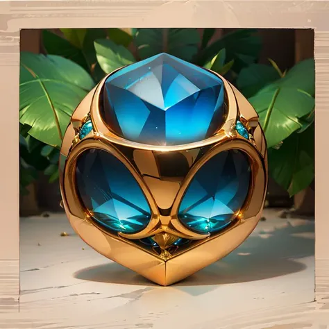 there is a blue glass object with a gold frame around it