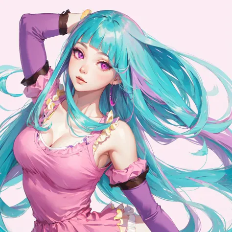 best quality, ultra detailed, beautiful face, perfect anatomy, 1girl, solo, mememe, long hair, aqua hair, blunt bangs, pink eyes, pink dress, purple sleeves, purple thigh highs,  <lora:mememe:1>, white background,