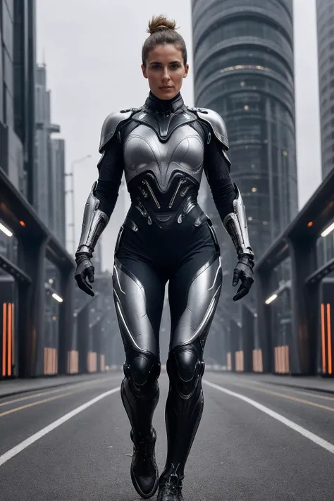 a woman in a futuristic suit walking down a street