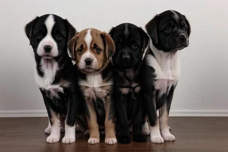 three black and white puppies sitting on a wooden floor