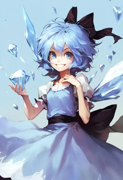 score_9, score_8_up, score_7_up, score_6_up, <lora:DPOXL:1> <lora:banpai akiraXL_JS2_lokr_V12:1> 1girl, solo, cirno, blue hair, wings, bow, blue eyes, hair bow, smile, grin, short hair, ice, dress