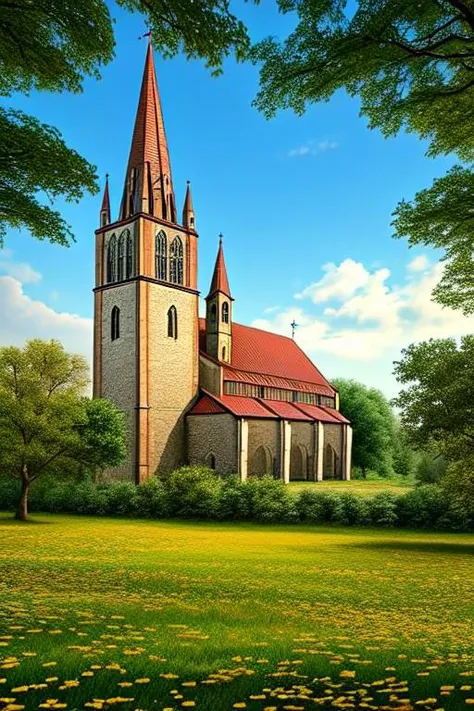 arafed church in a field of yellow flowers under a blue sky