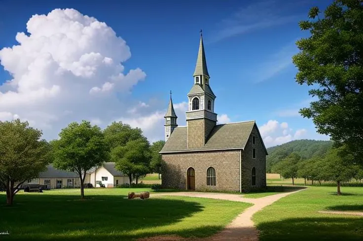 arafed church with a steeple and a cow in a field