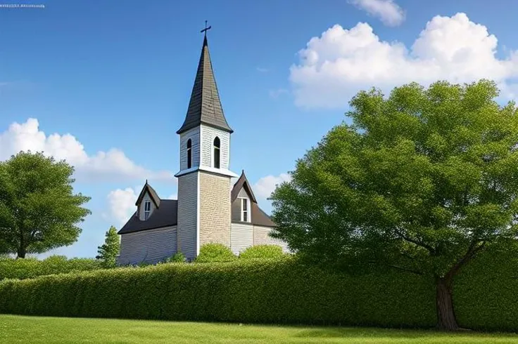 arafed church with a steeple and a tree in the foreground