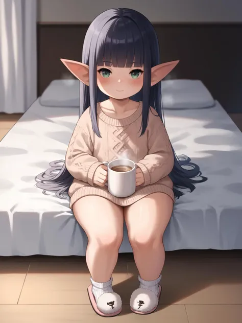 anime girl sitting on a bed with a cup of coffee