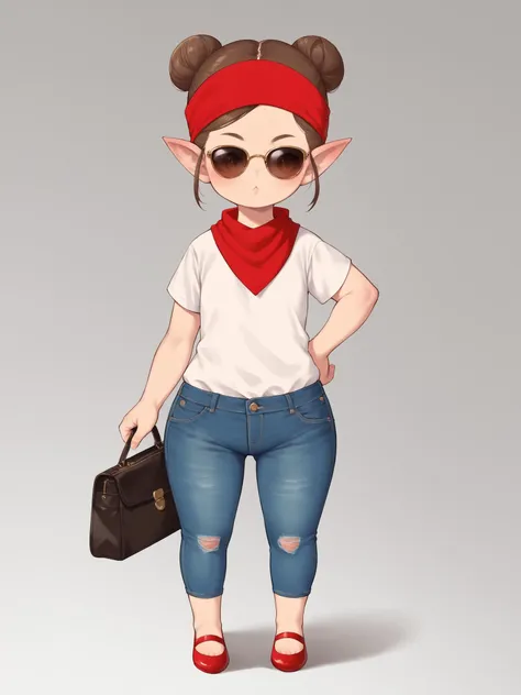 a cartoon girl with a red bandanna and jeans and a purse