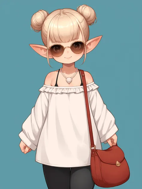 anime girl with blonde hair and sunglasses holding a red purse