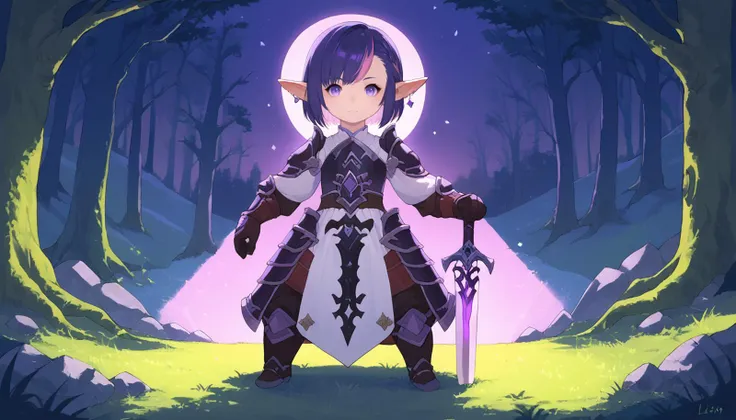 a cartoon image of a female elf with a sword in a forest