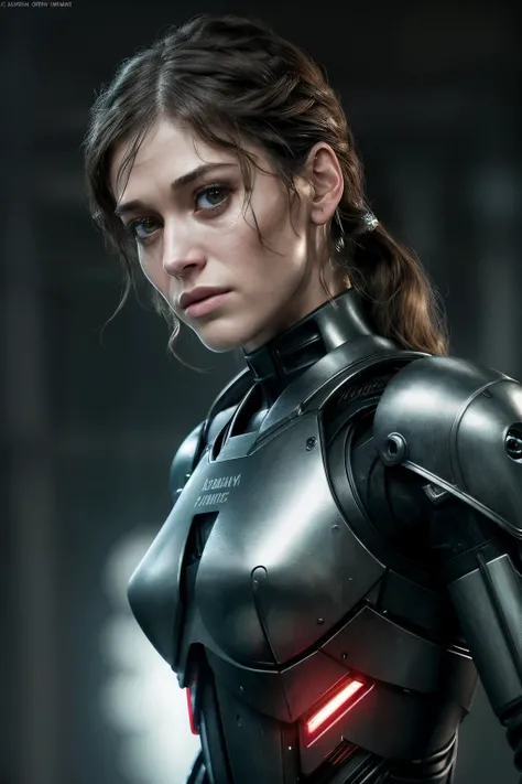 lizzyC1, ((best quality)), ((masterpiece)), (detailed), Midjourney Style, close-up, woman, robot, red eyes, concept art, inspired by Marek Okon, digital art, Crysis Nanosuit, futuristic, (glowing elements:1.1), 4:3 aspect ratio, dynamic duo