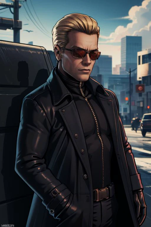 a man in a black coat and sunglasses standing on a street