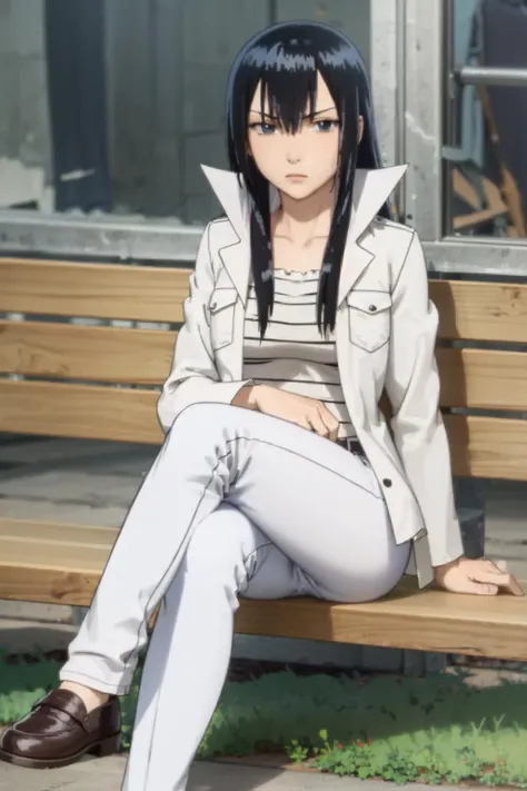 (masterpiece, best quality:1.2), <lora:beelzebub_kunieda-10:0.8>, solo, 1girl, kunieda aoi, serious, closed mouth, sitting in a bench, crossed legs, blue hair, open clothes, coat, sarashi, white pants, (debris:1.1)