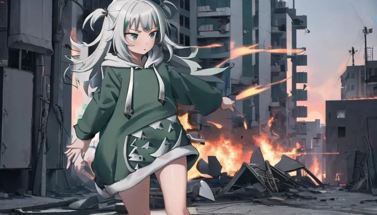 1girl, running away from exploding building,
<lora:guragawr-lyco-nochekaiser:1>,
gura gawr, grey hair, medium hair, shark girl, two side up,
hood, long sleeves, (green hood:1.5),  <lora:HK416-v2:0.5>