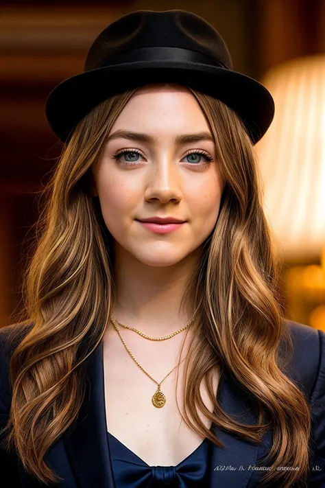 SaoirseR_SoloTI_v1, A lively and attractive girl with chestnut hair that flows like a river and captivating honey-colored eyes that sparkle like stars, (A classic double-breasted suit, complete with a wide-brimmed fedora and a silk tie, for an iconic and p...