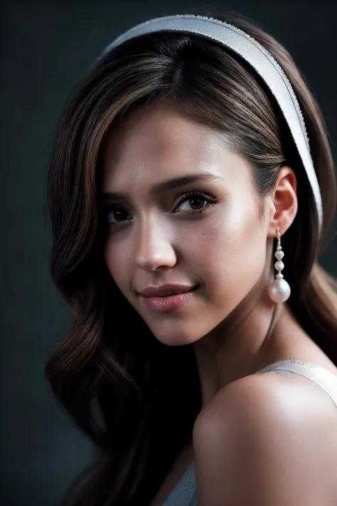 a close up of a woman wearing a headband and earrings