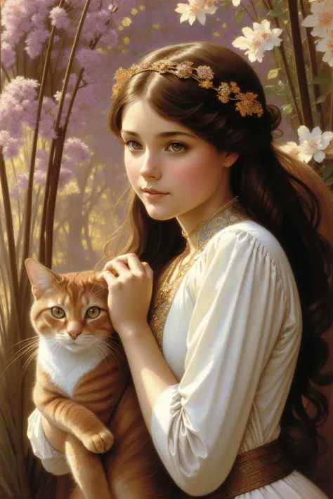 1girl, designed by thomas kindkade, alphonse mucha, loish, peter chung and norman rockwell, Cinematic still, intricate background, soft focus of a [Abyssinian Cat| Chimera], the Abyssinian Cat is very Pretty, Dota style, Light streaks, dramatic