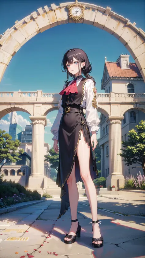 anime girl in black dress standing in front of a building