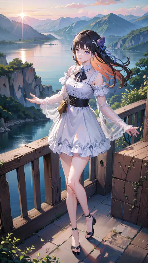 anime girl in white dress standing on a balcony overlooking a lake