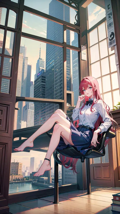 anime girl sitting on chair in front of window with city view