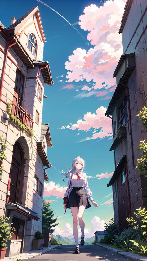 masterpiece, best quality,1girl,full body,scenery background, scenery, sky, blue sky, clouds, wide sky,