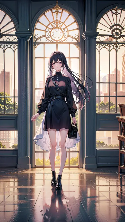 anime girl in a black dress standing in front of a window