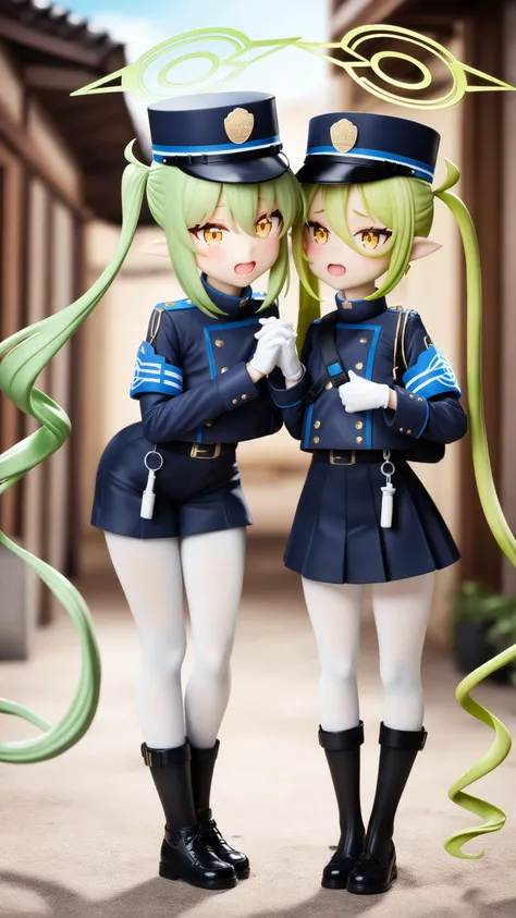 two anime figurines of two female police officers with green hair