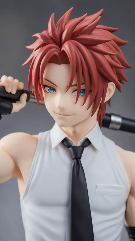 1boy, male focus, 
reno (ff7), final fantasy, 
red hair, necktie, baton (weapon), weapon, solo, smile, single mechanical arm, mechanical arms, upper body, parted bangs, 
masterpiece, best quality