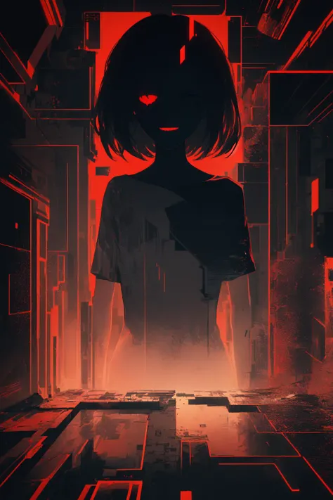 ultra-detailed,(backlight,evil smile:1.4), delicate background, depth of field, 
(horror, mysterious,dangerous, red theme:1.4),
(glitching, glitched,1 girl, black void ,faceless, eyeless,face glitching:1.5), binary code