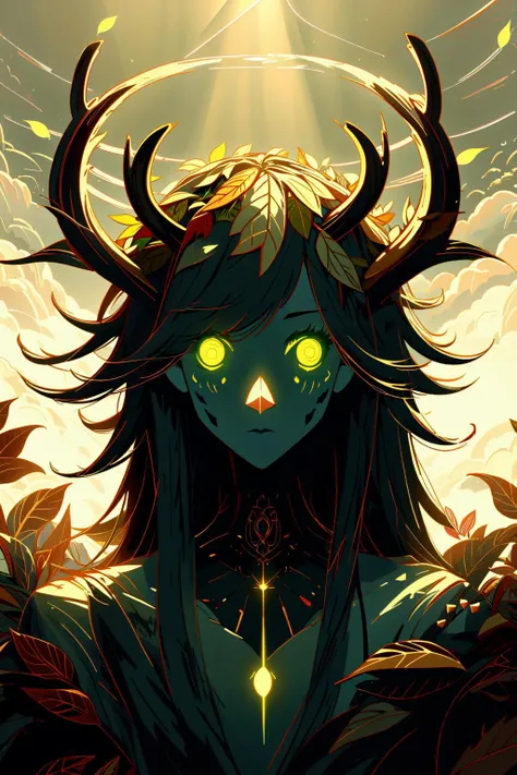 a woman with horns and glowing eyes stands in front of a sun