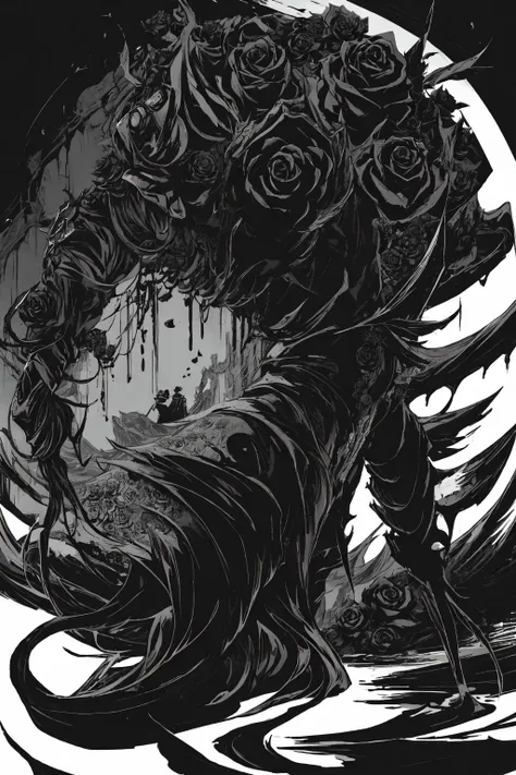 gorgeous and stylish monochrome , eye coloring,flat art,strong color contrast, (huge monster made of black roses background:1.3), (black rose theme,brightness absorbing flowers:1.5), extremely dangerous atmosphere,ultra high res,