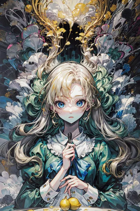 (abstract art:1.3), style of Yuko Shimizu, lemon theme,white theme,green theme, 1girl,white skin, gold long hair, ultra high res, masterpiece, best quality, <lora:acid_fluid_lora:0.39> <lora:M4rbleSCNEWCIVIT:0.41> <lora:add_detail:0.96>  <lora:maryibv6:1> ...