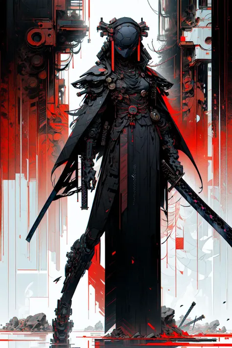 (best qulity,master piece:1.5),(cyberpunk:0.94),(abstract art:1.3),((ninja style:1)), ((black veil)),(((1 short katana weapon,solo weapon,perfect katana,))),style of Yuko Shimizu, dark red theme, dark theme, white skin,garnet detail eyes,1girl, ultra high ...