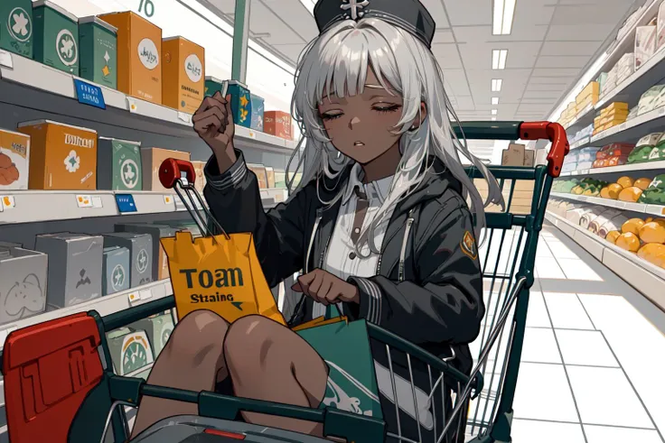 anime girl sitting in a shopping cart in a grocery store