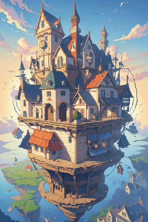 a picture of a castle floating in the air with a clock tower