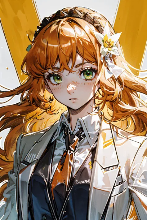 perfect face, highly detailed face, perfect eyes, white business suit,long wavy  hair,orange hair,Yellow green eyes,<lora:womansuit-1:0.7>  <lora:ishmaellimbus:1>