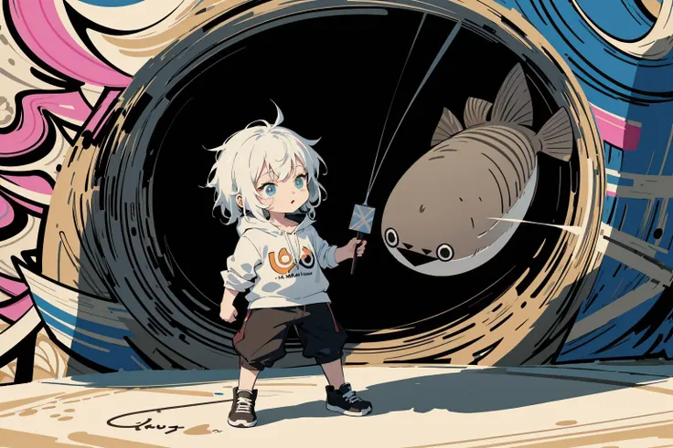 anime character holding a knife in front of a tunnel with a fish