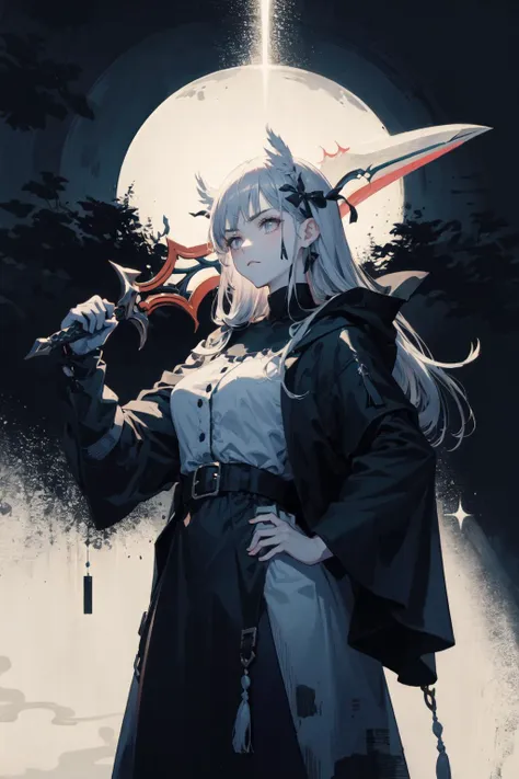 a woman in a black coat holding a sword in front of a full moon