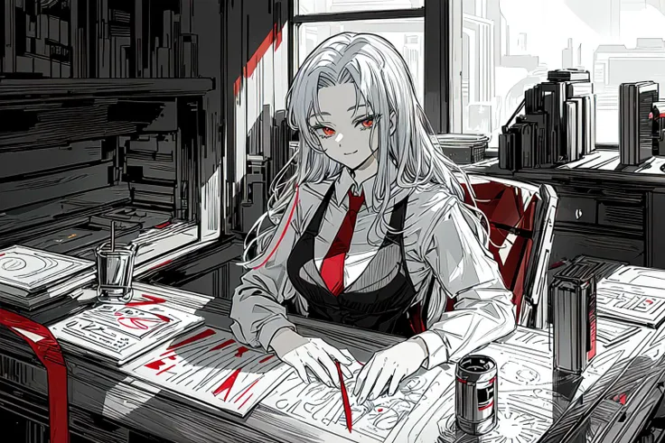 (((stripe art :1.1))),((best quality,master piece,gorgeous art,)),1 perfect sexy woman in a Cyberpunk library ,an undetectable smile,affectionate eyes,((Lying on the desk,(slender fingers),sitting on a chair)),Expressionless,Infinity books,peaceful,slience...